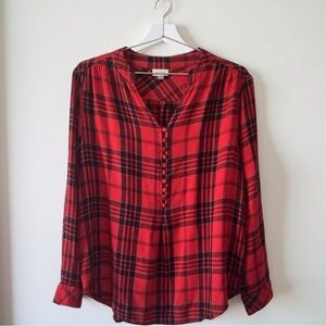 Avenue Red Plaid Henley Blouse | Button Front V-Neck | Size 14/16 Plus